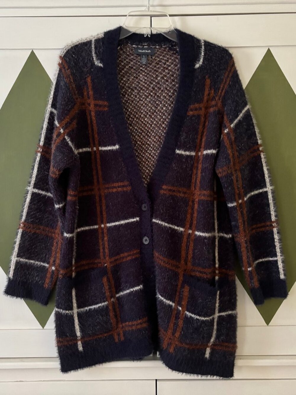 LIKE NEW! ModCloth Navy/Brown/White Plaid Long Cardigan
